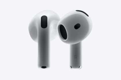 A pair of Apple AirPods displayed on a light background.