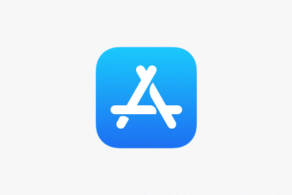 Apple App Store icon on a blue gradient background.