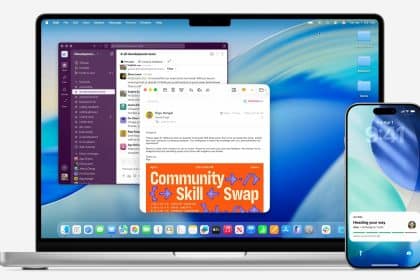 MacBook showing Slack and Mail windows with a ‘Summarize’ button, beside an iPhone displaying an Uber Eats delivery notification.